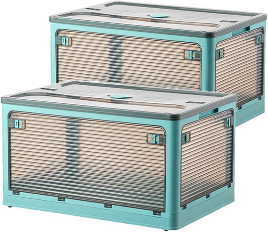 Folding Storage Bins, 50 Liters, 2 Pcs Blue plastic Storage Containers with Wheels, Double Doors, Foldable, Stackable, Plastic Box with Lids for Organization, Storage Cart - Field & Nook