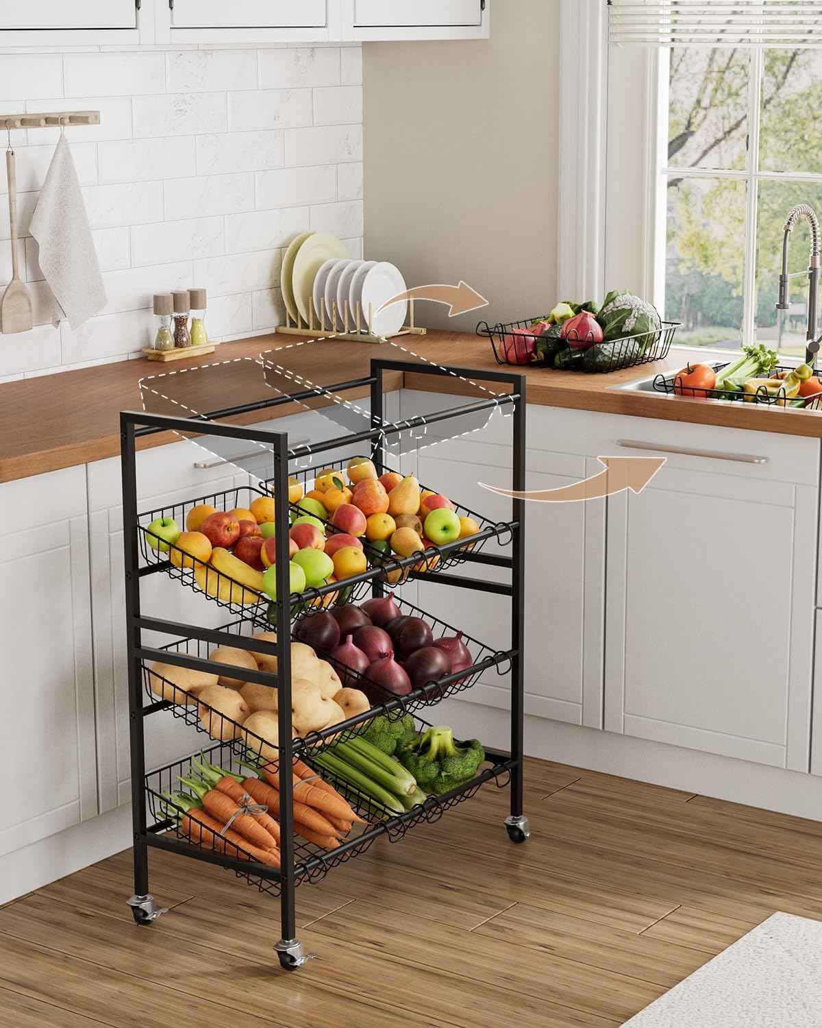 Evermagin 25.2" W Kitchen Storage Cart, 4-Tier Snack Cart with Wheels | Metal Fruit Basket Vegetable Stand, Pantry Storage Organizer with 8 Removable Baskets for Onion Potato, Black
