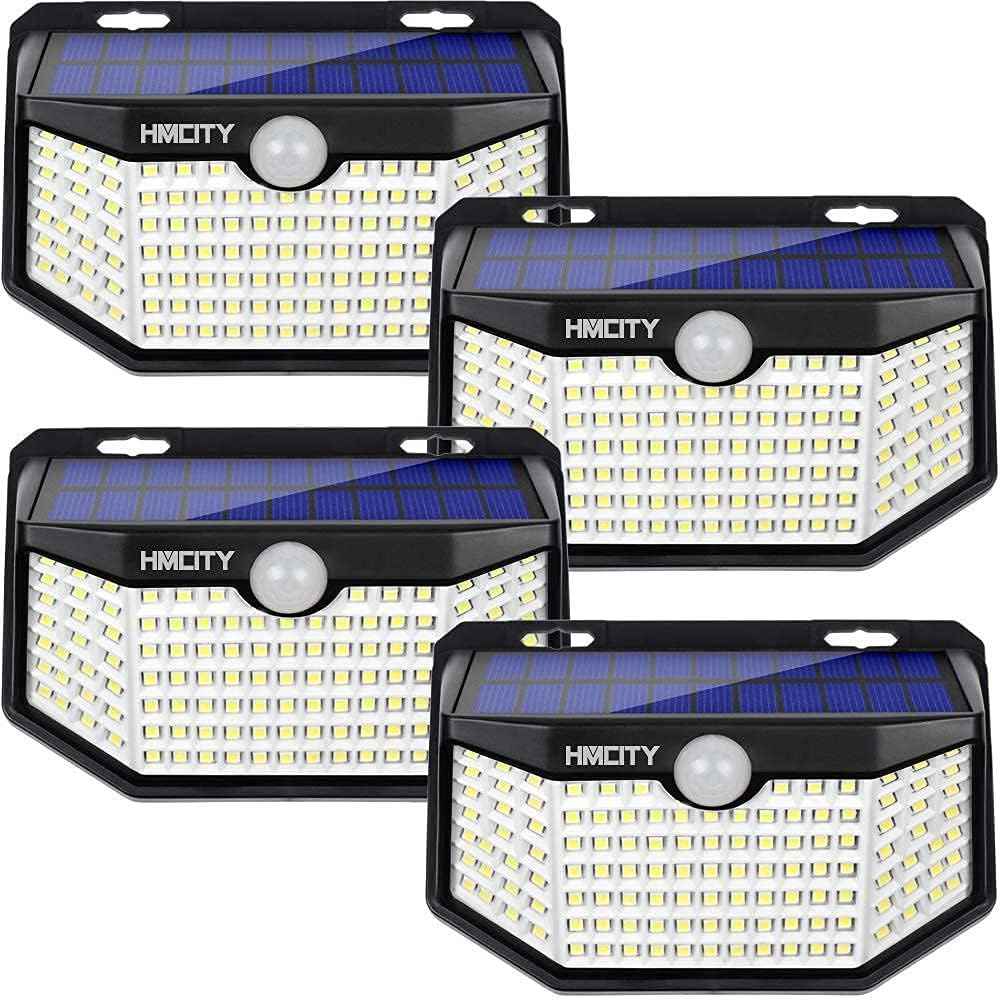 HMCITY Solar Lights Outdoor 120 LED with Reflector and 3 Lighting Modes,Motion Sensor Wall Lights, IP65 Waterproof Solar Powered Wall Lights for Garden Deck Lights (Back Button 4Packs, Daylight White)