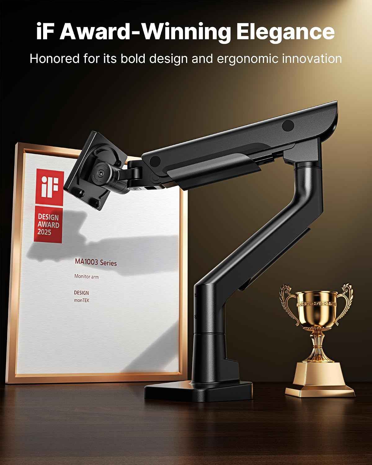 monTEK USB Monitor Arm for 17-57" Ultrawide, 59.4 lbs, Black | USB-A/C ports, pneumatic lift, quick-release VESA 75/100 plate, clamp/grommet bases and cable management