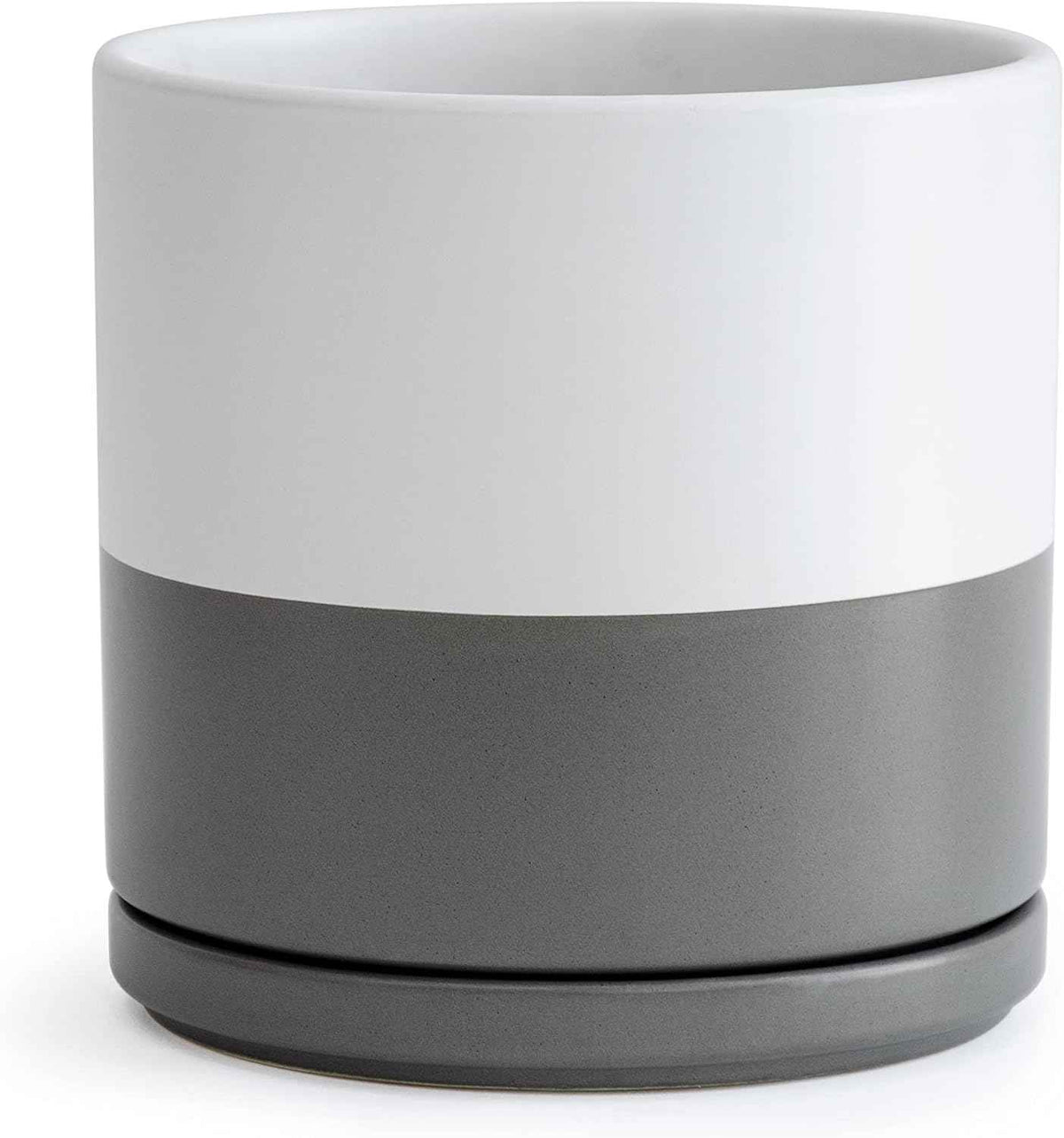 D'vine Dev 8 Inch Ceramic Planter Pot with Drainage Hole and Saucer, Indoor Cylinder Round Planter Pot, White/Speckled Grey, 94-O-D-6
