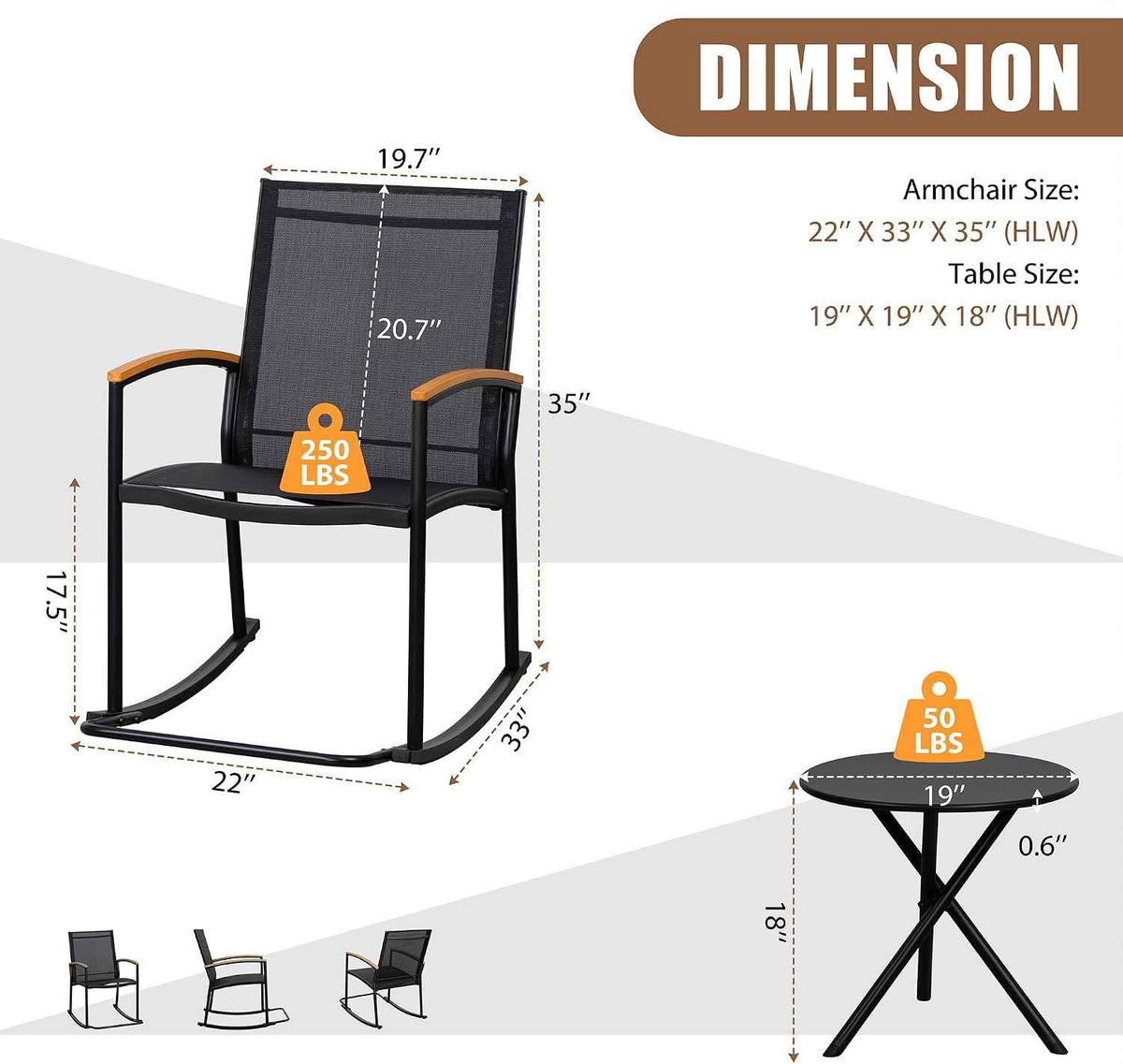 Shintenchi 3 Piece Outdoor Rocking Bistro Set, Textilene Fabric Small