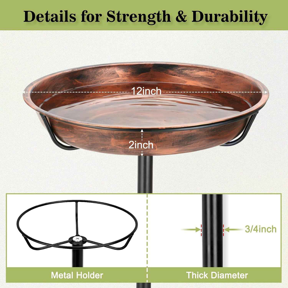 Gtongoko Metal Bird Bath for Outdoors, 34" Tall Bird Bath with 12" Removable Bowl, Heavy Duty 5-Prong Stable Base, Easy-to-Clean Heavy Duty Birdbath & Bird Feeder for Garden, Patio, Yard