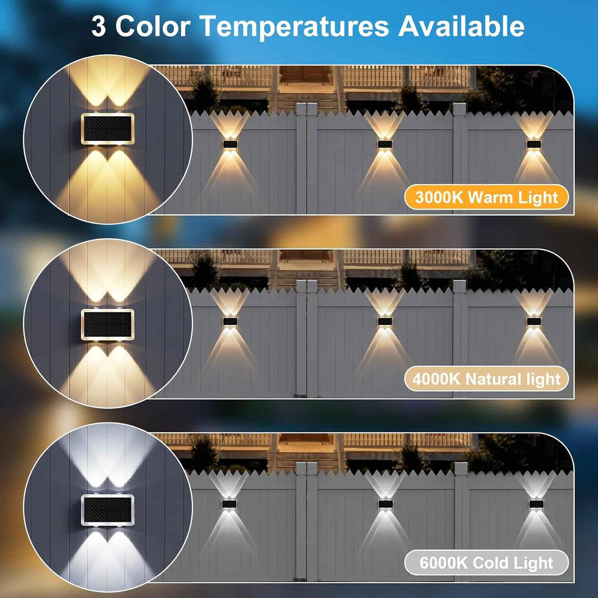 AUDLES Solar Fence Lights Outdoor, New Up Down Lighting Fence Lights Solar Powered with 3 Modes 3000K/4000K/6000K, IP65 Waterproof Solar Wall Light for Backyard Wall Pathway Deck Patio Decor - 8 Pack