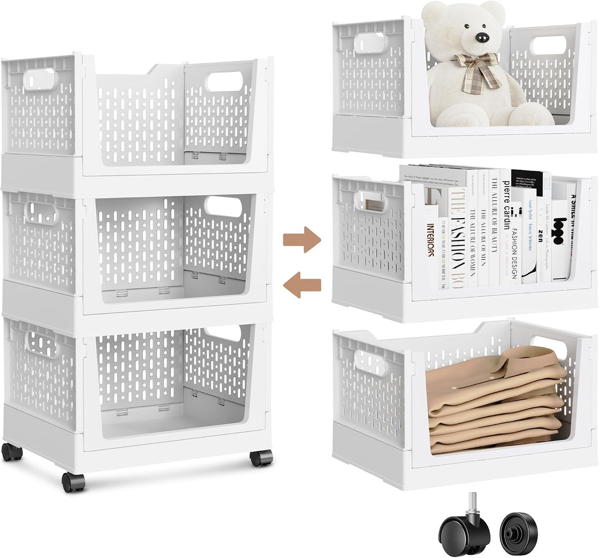 Stackable Storage Bins, Folding Collapsible Closet Organizers and Storage Bins Box, Plastic Shelves Drawer Organizer Container for Closet Office Bedroom Kitchen Bathroom with Wheels, White, 3 Pack - Field & Nook