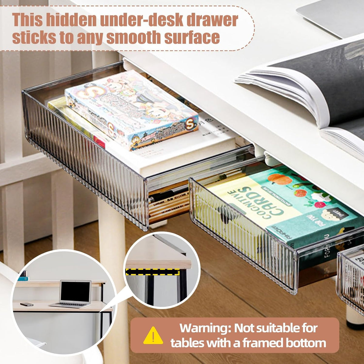 2Pcs Under Desk Storage Drawers Slide Out,Large&Medium, Stick On Desk Drawer Organizer Hidden Under Table Drawer for Home Office School Organization and Storage-Transparent Black - Field & Nook