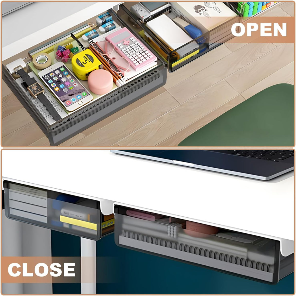SVNNELP Under Desk Table Drawer Storage Organizer,2 Pack Large & Medium Slide Out Desk Drawers - Hidden Desktop Organizer,Attachable Pencil Storage Tray Under Table(ML) - Field & Nook