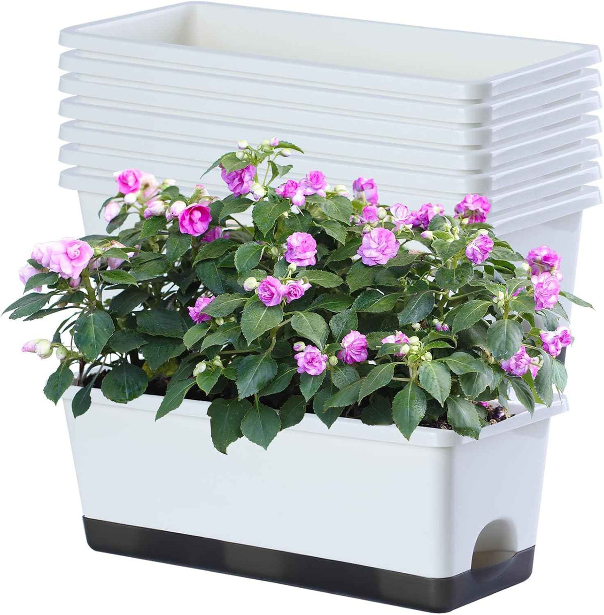 Window Box Planter 8 Pcs, 17 Inches Rectangle Flower Pots with Drainage Holes and Trays, Vegetable Planters for Windowsill Patio Garden Balcony Home Porch Yard Indoor Outdoor (White)