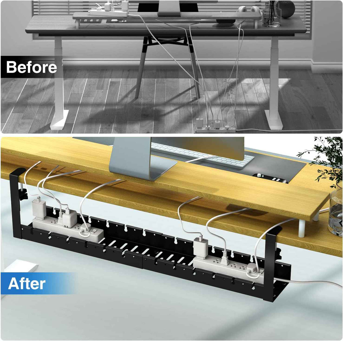 31-Inch Extendable Under-Desk Cable Tray – No-Drill Clamp-On Metal Cord Organizer, Black