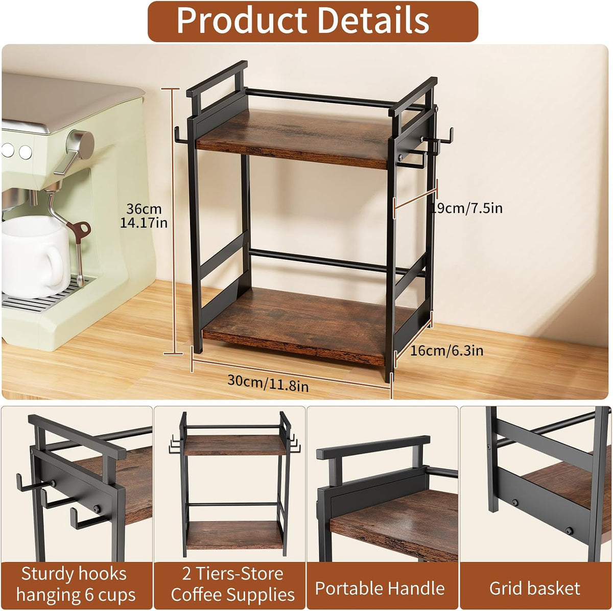 KLM 2 Tier Coffee Bar Organizer for Home Office, Spice Rack for Countertop, Kitchen Counter Storage Shelf with Hanging Basket, Coffee and Tea Condiment Station Organizer - Field & Nook