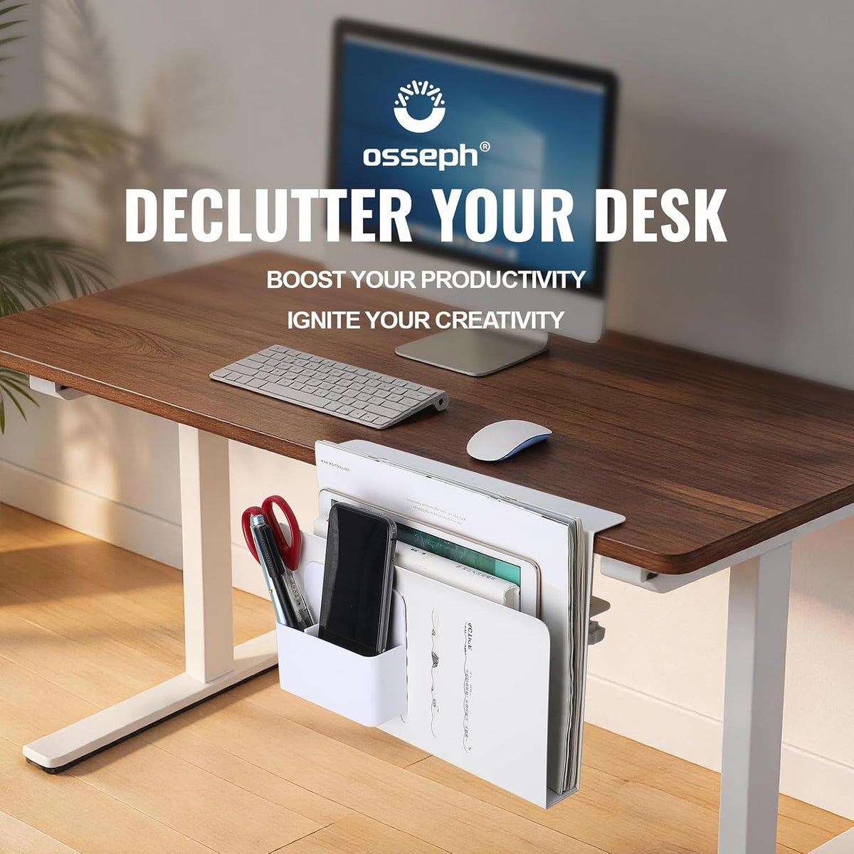 Desk Side Storage, Under Desk Hanging Storage | Standing Desk Organizer with Magnetic Pen Slot, No Drill Clamp to 0.5-2.38" Desks, 22 Lbs Carbon Steel (White) - Field & Nook