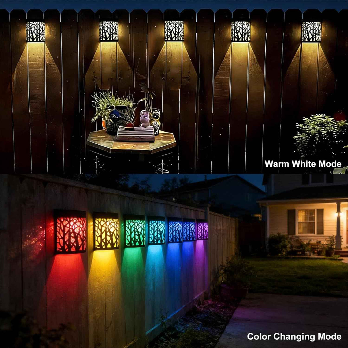 DenicMic Solar Wall Lights Outdoor Wall Sconce Fence Lights Solar Powered | 4 Pack, Mental Patio Front Door Yard Deck Stair House Led Forest Decorative Lamps, Waterproof, Warm White Color Changing