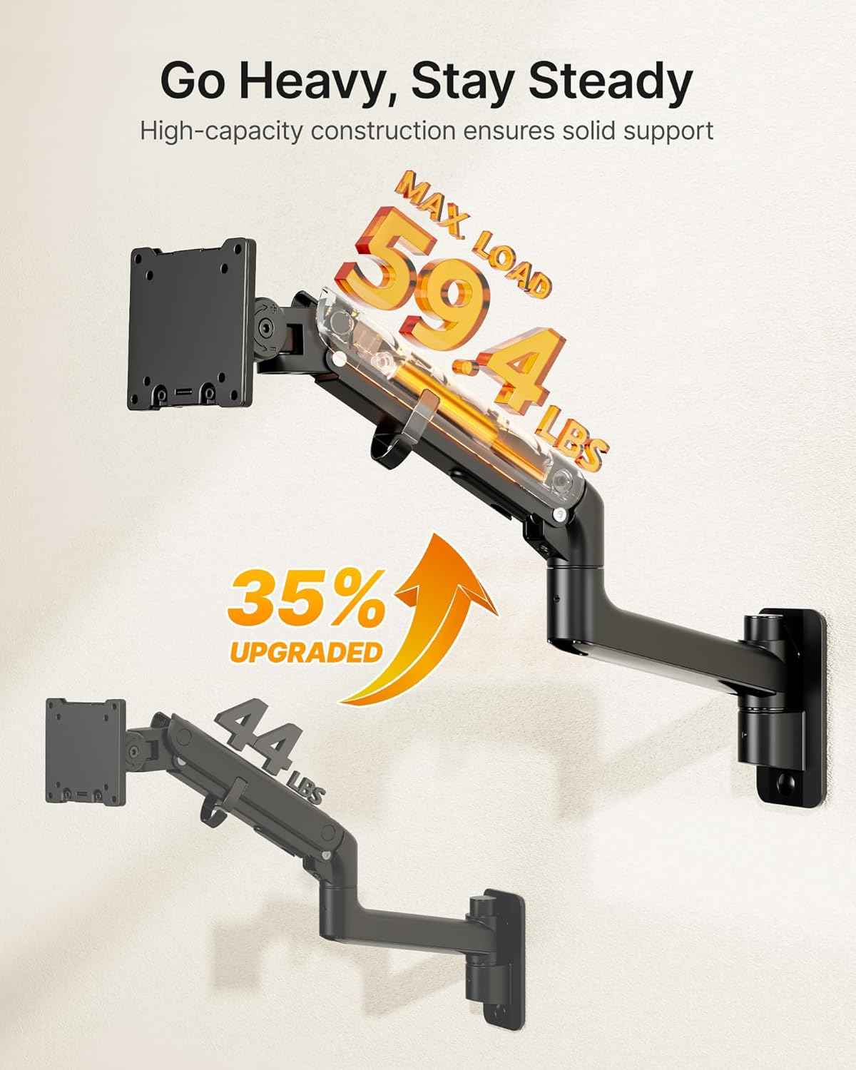 monTEK Single Monitor Wall Mount, 17–57" Gas Spring Arm, Heavy Duty, Black | Fits Max 57" Curved & Ultrawide Monitors, Holds Up To 59.4 Lbs, Full Motion Wall Mount, Compatible With 75/100mm VESA