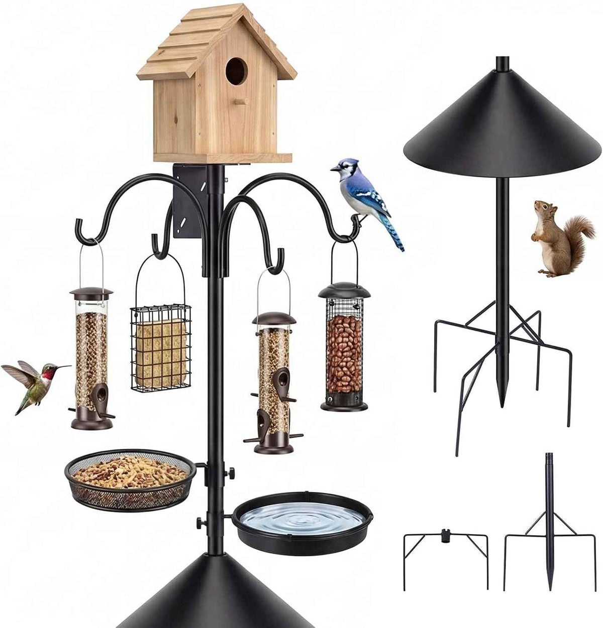4 in 1 92 Inch Bird Feeder Pole with Squirrel Baffle | With Bath, Food Tray, 4 Hooks and Holds Cage, Metal, For Outdoors, Heavy Duty, Weatherproof