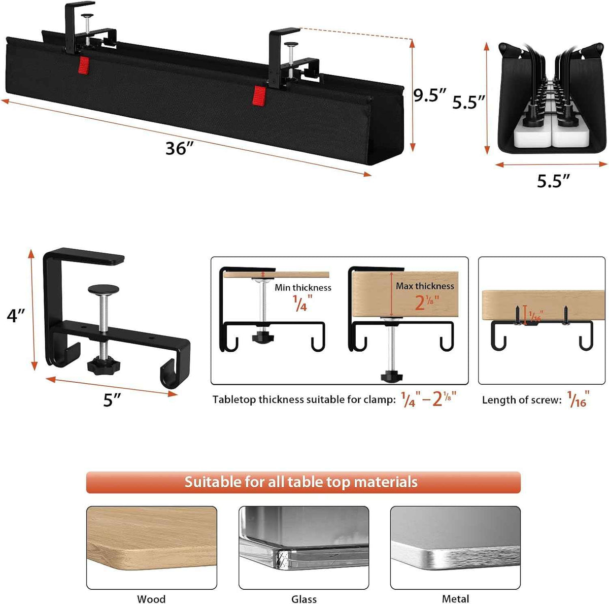 36-Inch Under-Desk Cable Tray – No-Drill Clamp-On Fabric Cord Organizer, Black