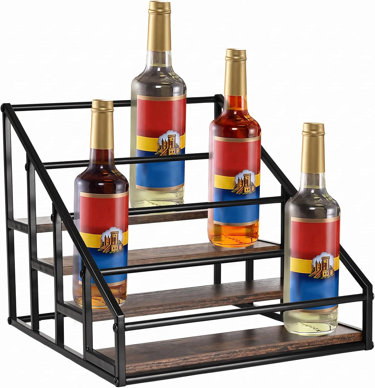 YQBRAO 4-Tier Coffee Syrup Organizer, 16-Bottle Rack, Rustic Brown | Holds up to 16 bottles with stepped visibility; rustic wood and metal design for syrups, kitchens, and home coffee bars. - Field & Nook