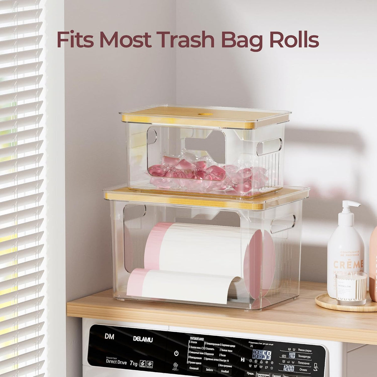 Delamu 2 Pack (XL+S) Trash Bag Dispenser, Stackable Garbage Bag Holder | Clear Acrylic Organizer Bins for Under Sink Organization, Pantry Storage, Cabinet, Kitchen, Laundry, Bathroom - Field & Nook