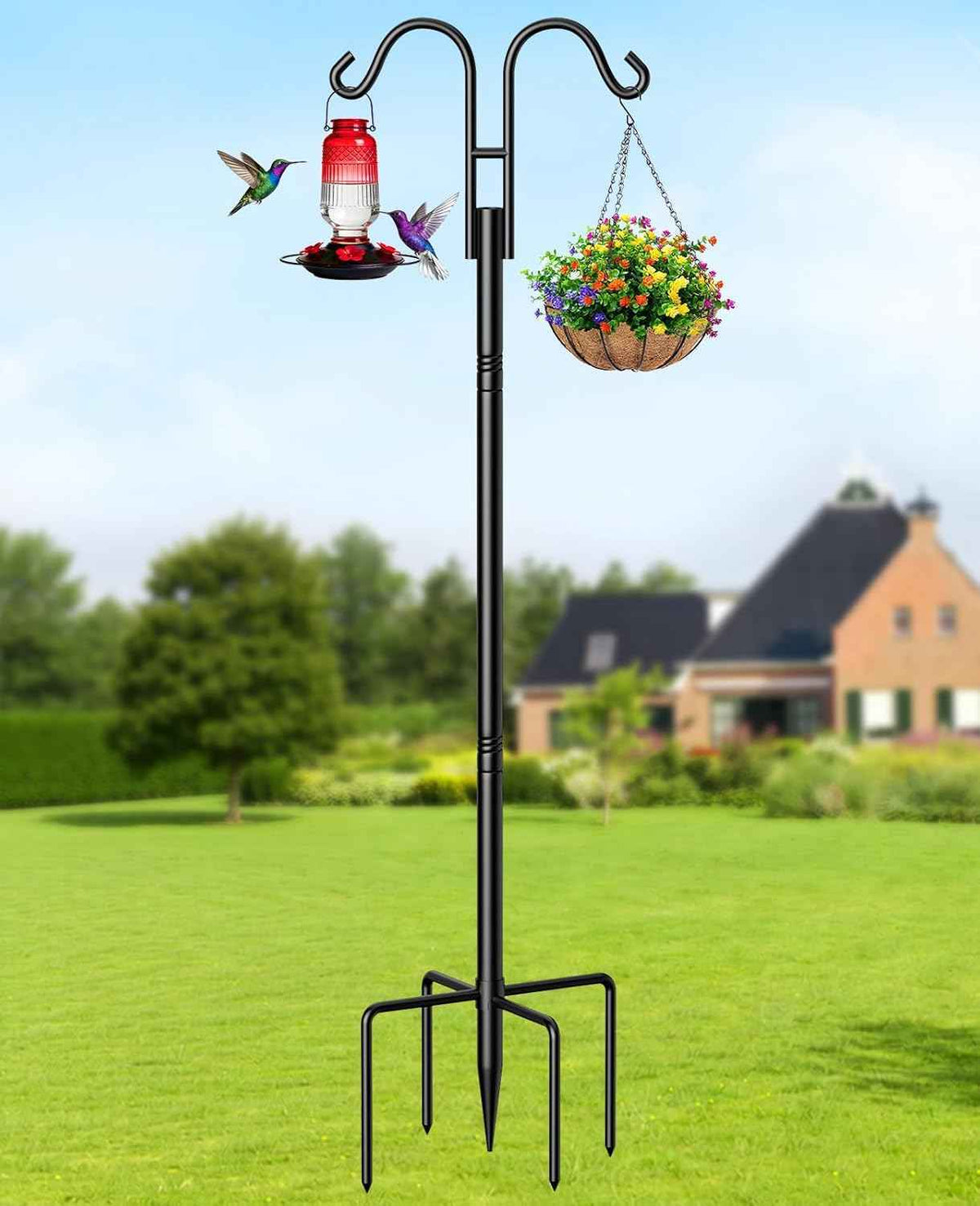 Double Shepherds Hooks, 76 Inch Bird Feeder Pole with 5-Prong Base, 3/4 Inch Thick Heavy Duty Adjustable Garden Hooks for Hanging Plants, Hummingbird Feeder, Solar Lights, Lantern Outdoor Garden Decor