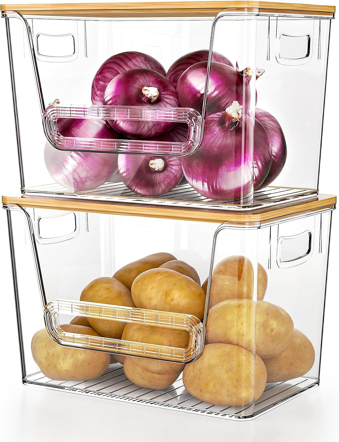 Delamu 2 Set Pantry Organizers and Storage, Trash Bag Holder Under Sink Organizer for 4-13 Gal Bags, Trash Bag Dispenser with Bamboo Top for Onion, Potato, Garlic, Clear (11-7/32"L*7" W*7-1/8"H) - Field & Nook
