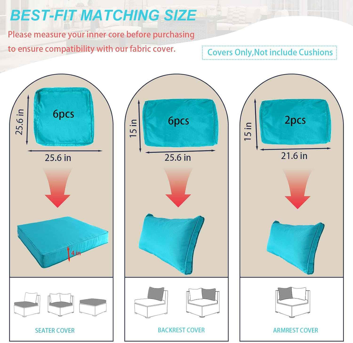 Outdoor Cushion Covers for Patio Furniture, Patio Cushion Covers Replacement with Zipper, Waterproof & Fade Resistant,Only Cover (Lake Blue, 25.6Lx25.6Wx4H - Only Covers)