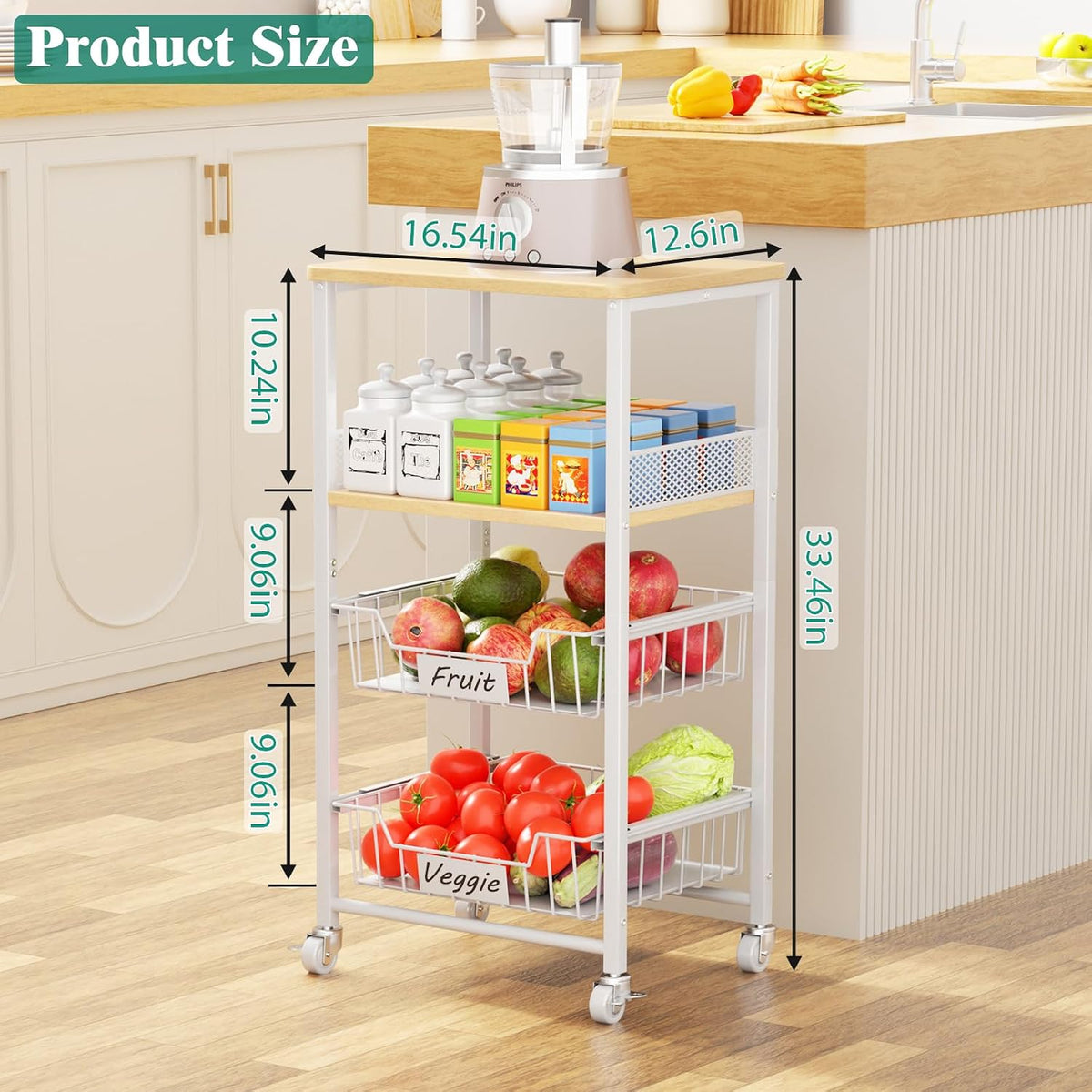4-Tier Fruit Vegetable Storage Cart Rolling Kitchen Cart with Drawer | Pull-out basket, wood rack, durable & sturdy, fits pantry, living room, bathroom, 360° wheels with brakes, wood top, white
