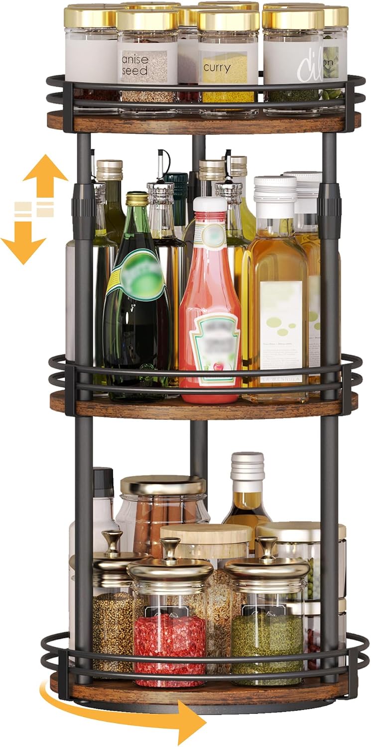 Across-Star Lazy-Susan-Organizer-Spice-Rack, 3-Tier Rotating Spice Organizer For Cabinet Pantry, Seasoning Holder Shelf With Adjustable Height, Kitchen Counter Shelf Countertop Organzier - Field & Nook