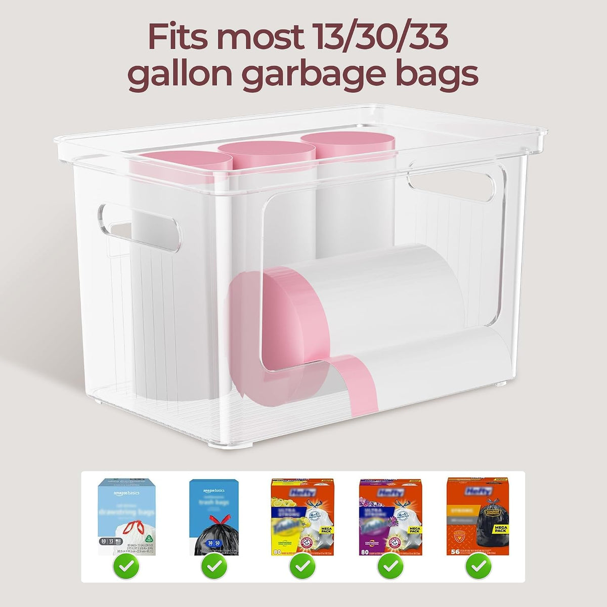 Delamu 2 Pack (XL+S) Trash Bag Dispenser, Stackable Garbage Bag Holder | Clear Acrylic Organizer Bins for Under Sink Organization, Pantry Storage, Cabinet, Kitchen, Laundry, Bathroom - Field & Nook
