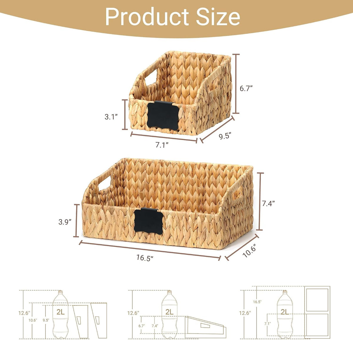 Pantry Baskets and Organizers, Large Wicker Baskets for Shelves, Handwoven Labeled Storage Basket for Organizing with Handles-Water Hyacinth Storage Bins, Boho Decorative, 3Pack, Natural - Field & Nook