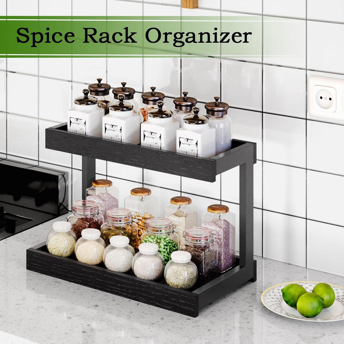 Counter Shelf Organizer – 2-Tier Spice Rack for Countertop – Black - Field & Nook
