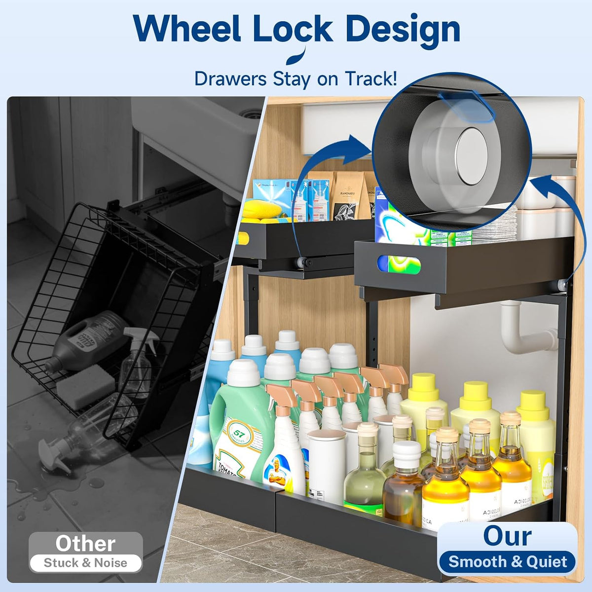 Insputer Upgrade Expandable Under Sink Organizer, 2 Tier Metal Under Cabinet Storage with 3 Slide Rails, Height Adjustable, Thickened Pull Out Drawer Shelf for Bathroom, Kitchen, Laundry, Pantry - Field & Nook