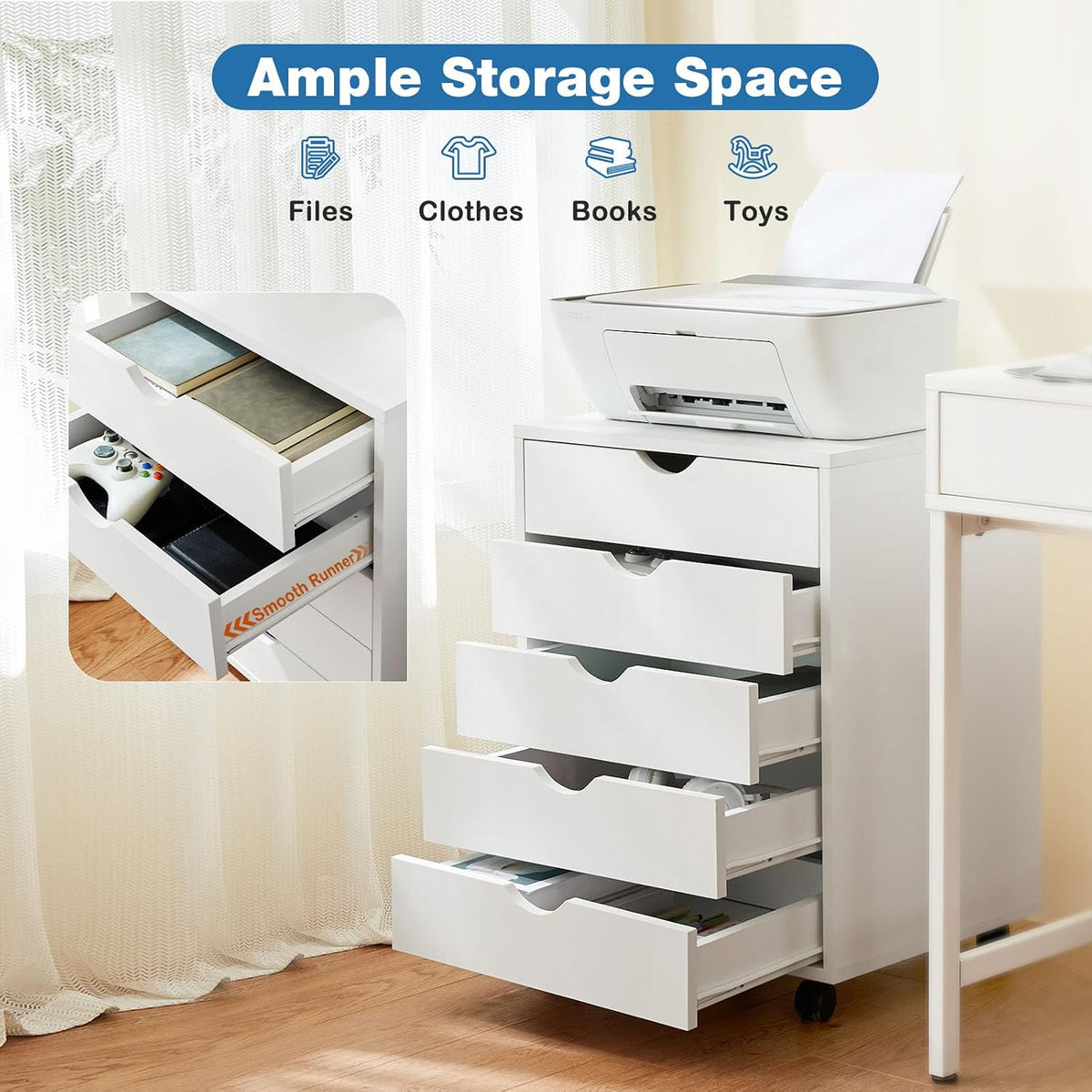 OLIXIS 5 Drawer File Cabinet on Wheels, Printer Stand | Fits Under Desks, Wood Storage Organization Holds Printer, Office Supplies, Not For Hanging Files, For Home Office Use White - Field & Nook