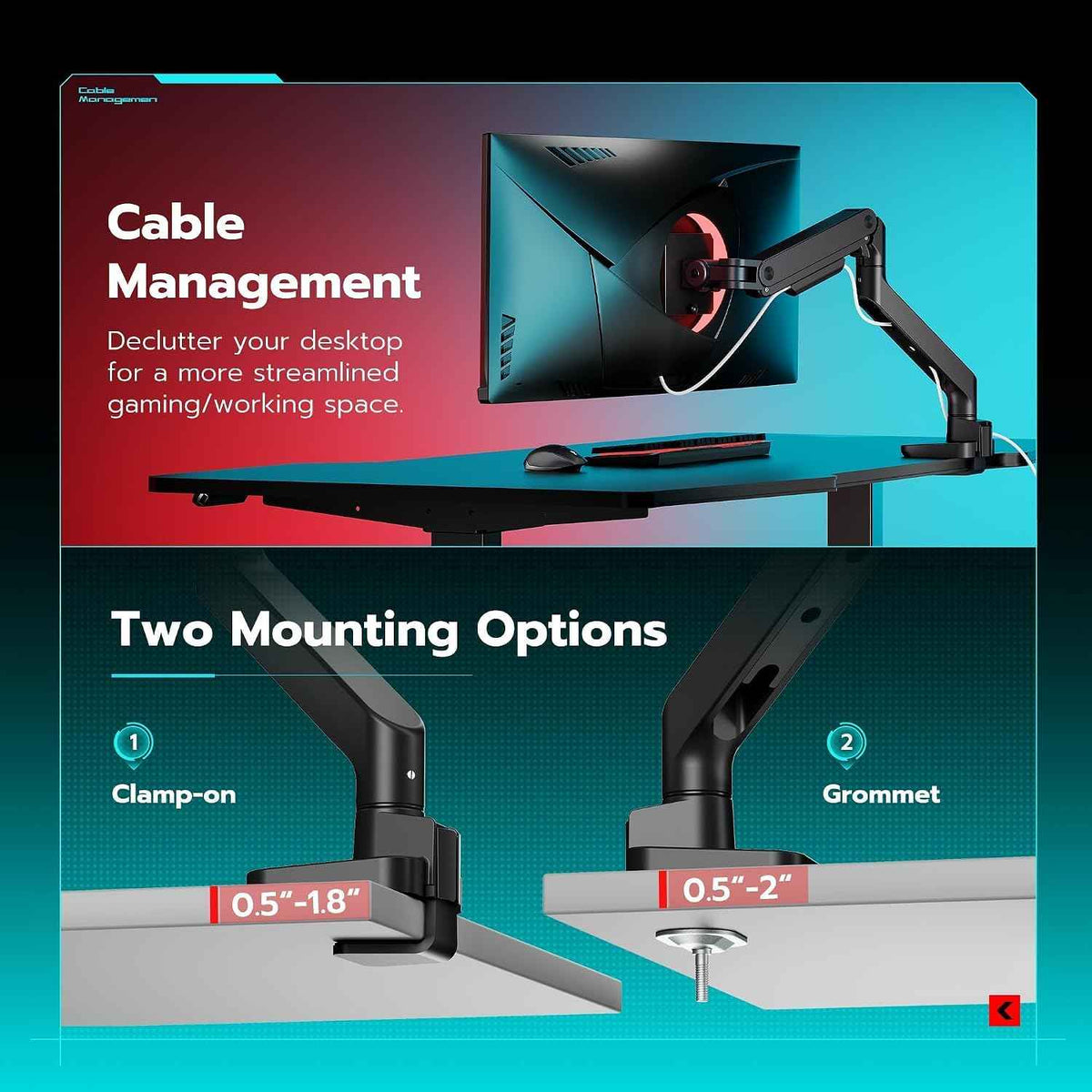 ARES WING Ultrawide Monitor Desk Arm for 17 to 49 Inch Screen, Holds 44 Lbs | Pro Gas Spring, Full Range of Motion, for 75/100 Vesa Mount, for Samsung, LG Curved/Flat Monitor, with C Clamp, Grommet Base
