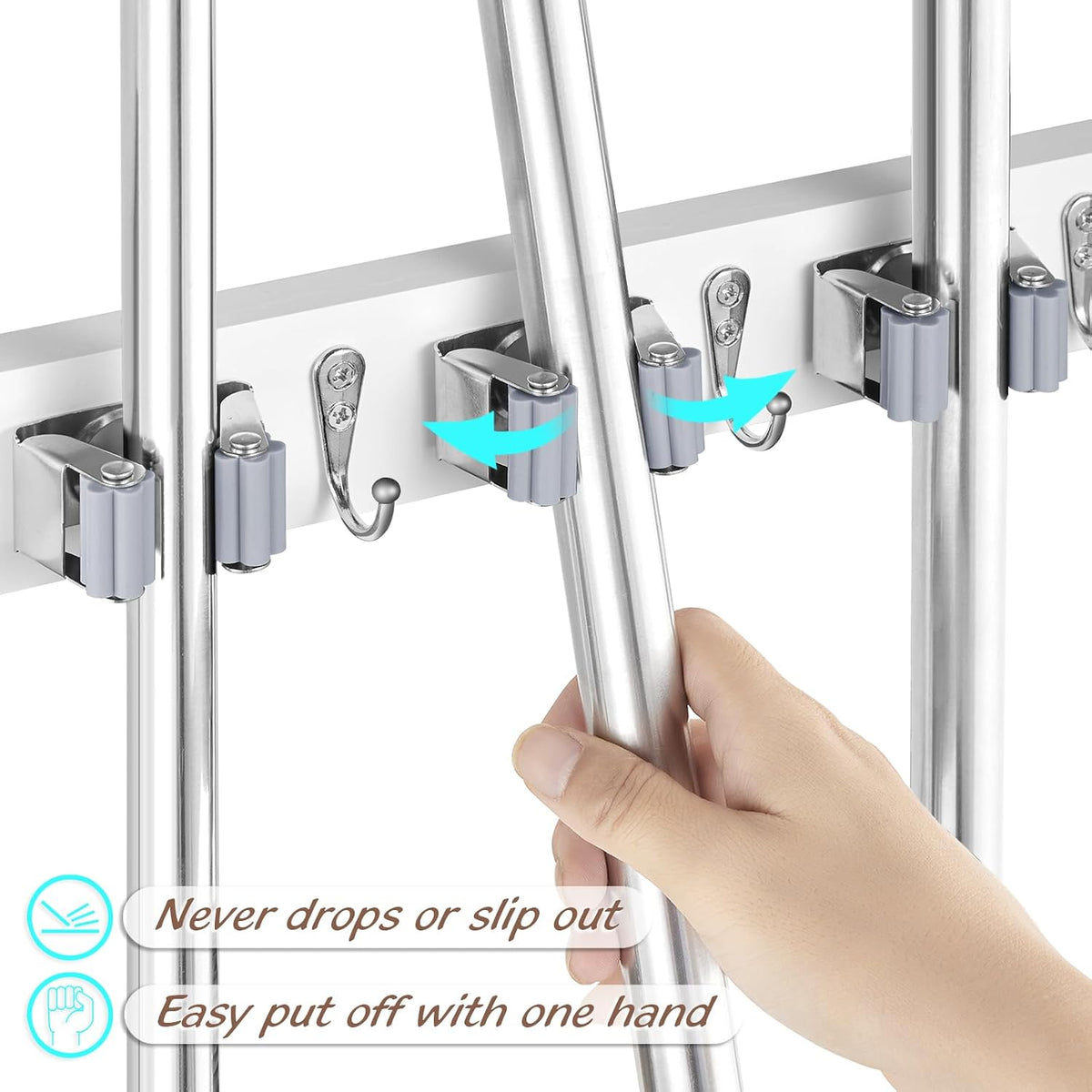 White Mop Broom Holder Wall Mount with 4 Slots & 4 Hooks - Field & Nook
