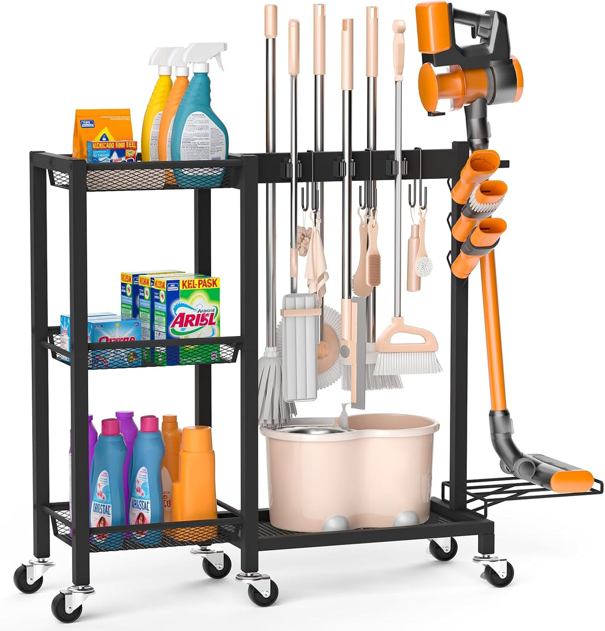 Broom Holder with Cleaning Supplies Organizer, 30.7"Wx11.8"Dx34.6"H | Load 350 LBS, Cleaning Cart with Wheels, 3-Tier Shelves, 6 Mop Hanger Grippers & 3 Double-Hooks, Vacuum Stand for Laundry - Field & Nook