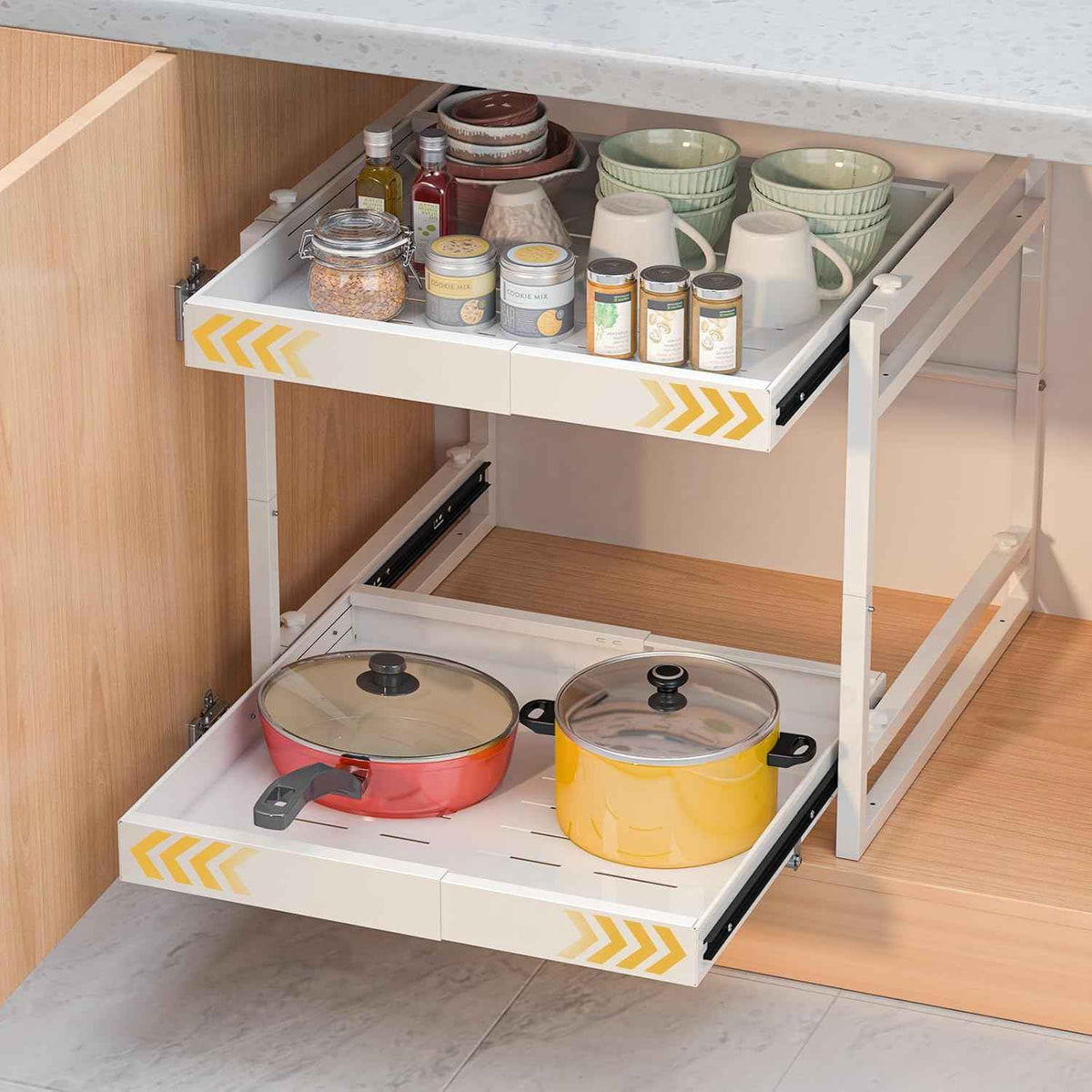 2 Tier Pull Out Cabinet Organizer, 21 inch Depth Slide Out Shelves