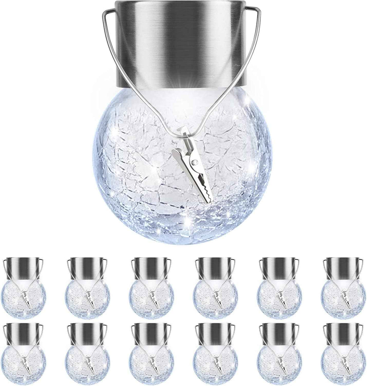 PARTPHONER 12 Pack Hanging Solar Lights Outdoor, Waterproof Solar Globe Lantern with Handle and Clip, Decorative Cracked Glass Ball Lights for Christmas Decor, Tree, Yard, Garden, Patio (Cold White)