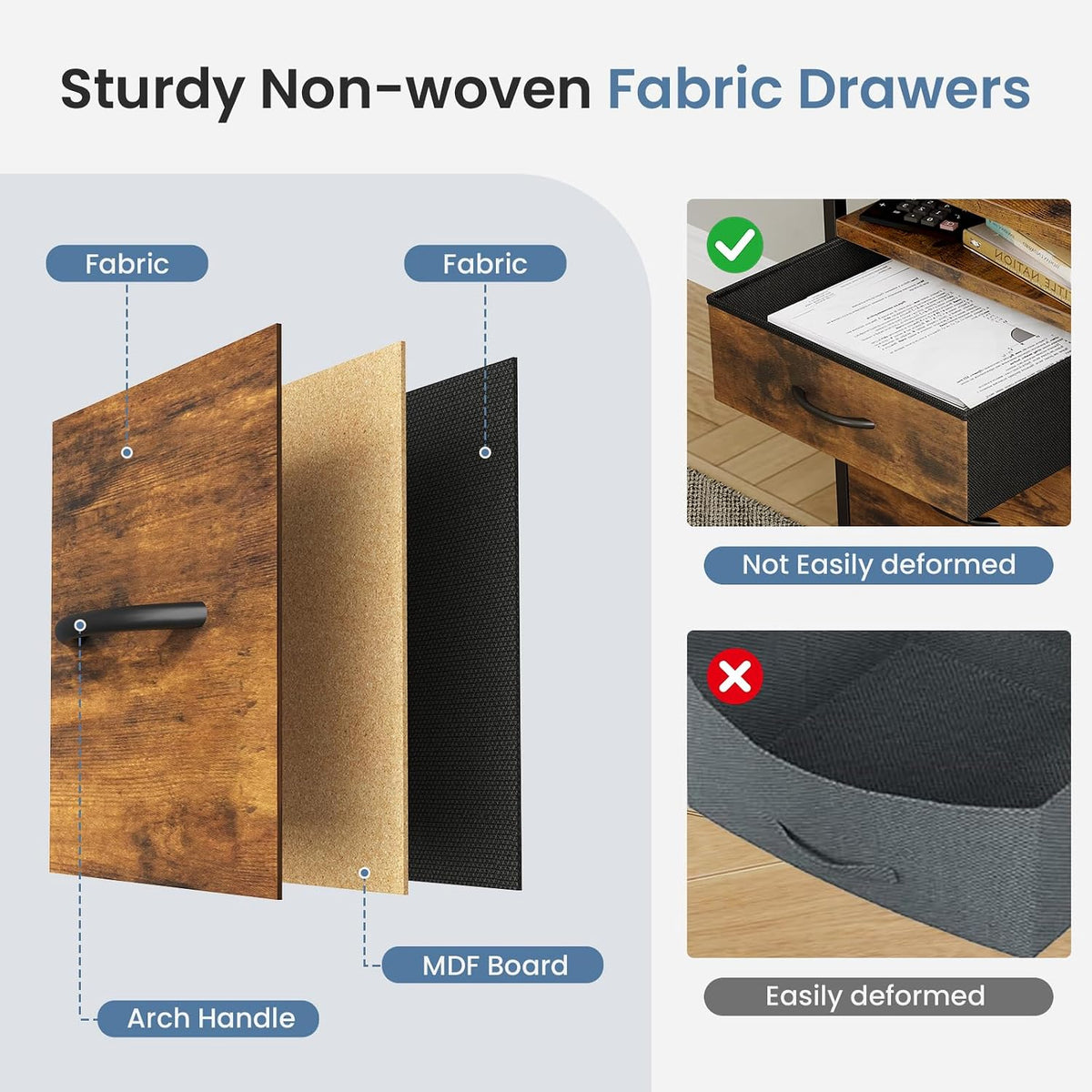 DUMOS 2 Drawer Mobile File Cabinet, Printer Stand with 24'' Wide Desktop | Fabric Drawer Cabinet Under Desk with Storage Side Bag,Rolling Printer Cart Not for Hanging Files for Home Office, Brown - Field & Nook