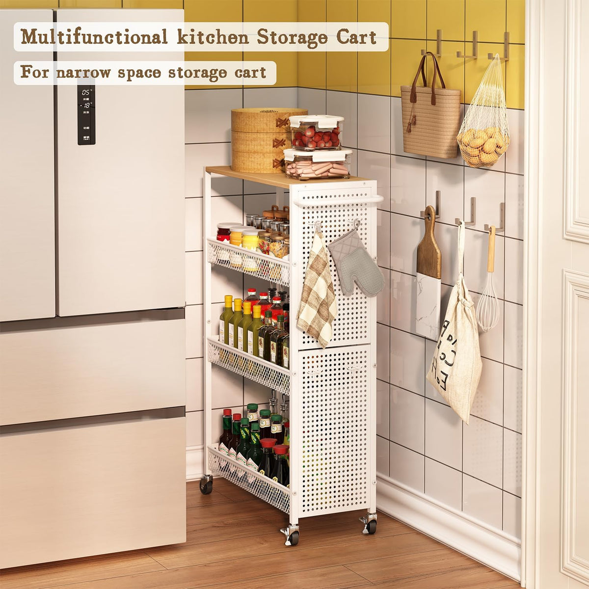 Slim Wood-Top Rolling Laundry Storage Cart - Field & Nook