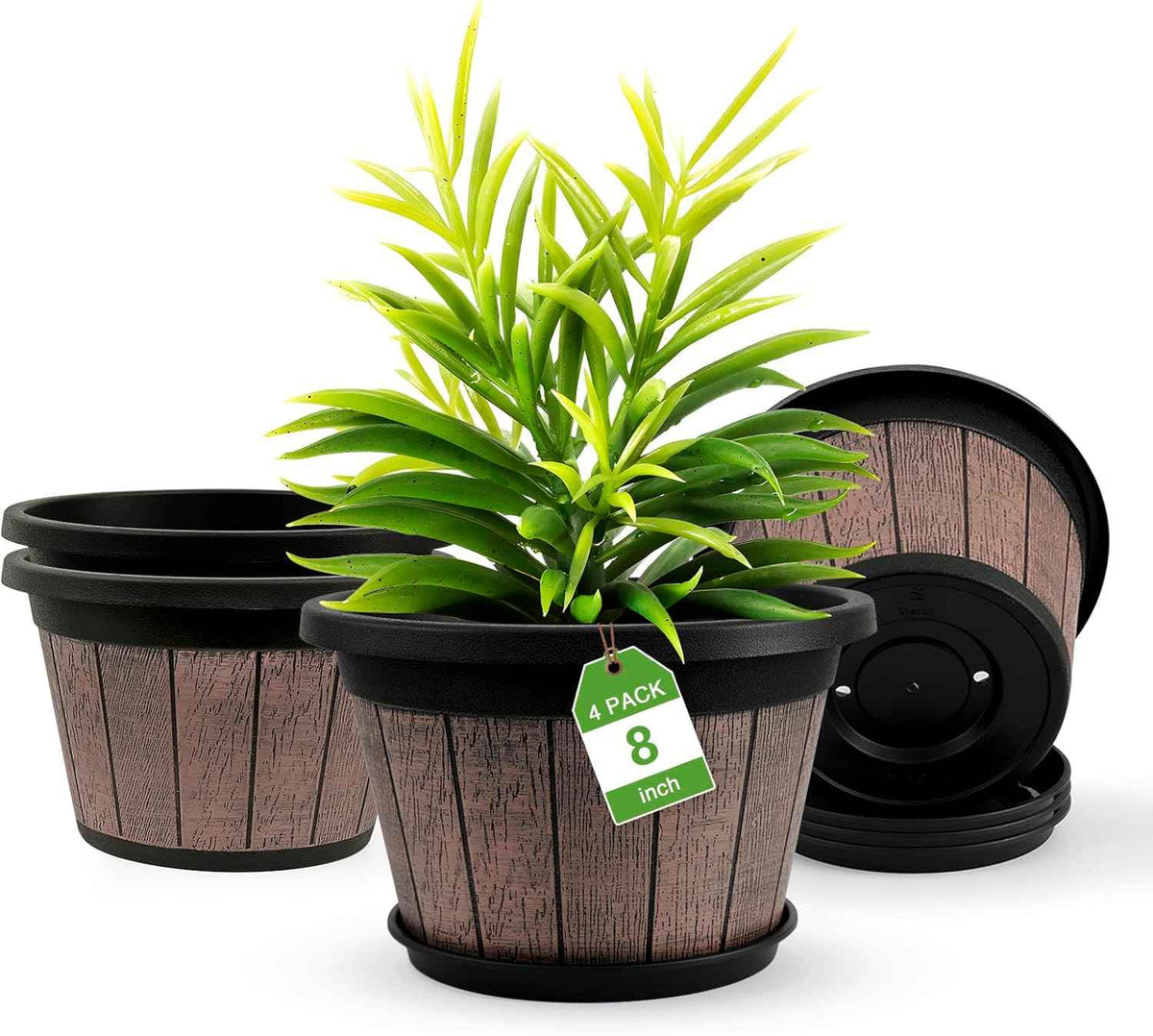 Quarut 4 Pack 8 inch Plant Pot,Upgrade Whiskey Barrel Planters with Drainage Holes & Saucer,Plastic Decoration Flower Pots Retro Design,Planters for Outdoor Indoor Garden Home Plants (Brown)