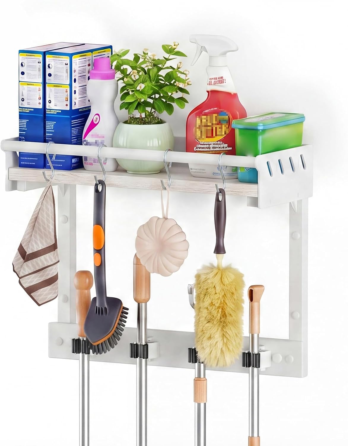 Broom Holder Wall Mount with Shelf – Broom Hanger with 4 Hooks – Broom Rack - Field & Nook