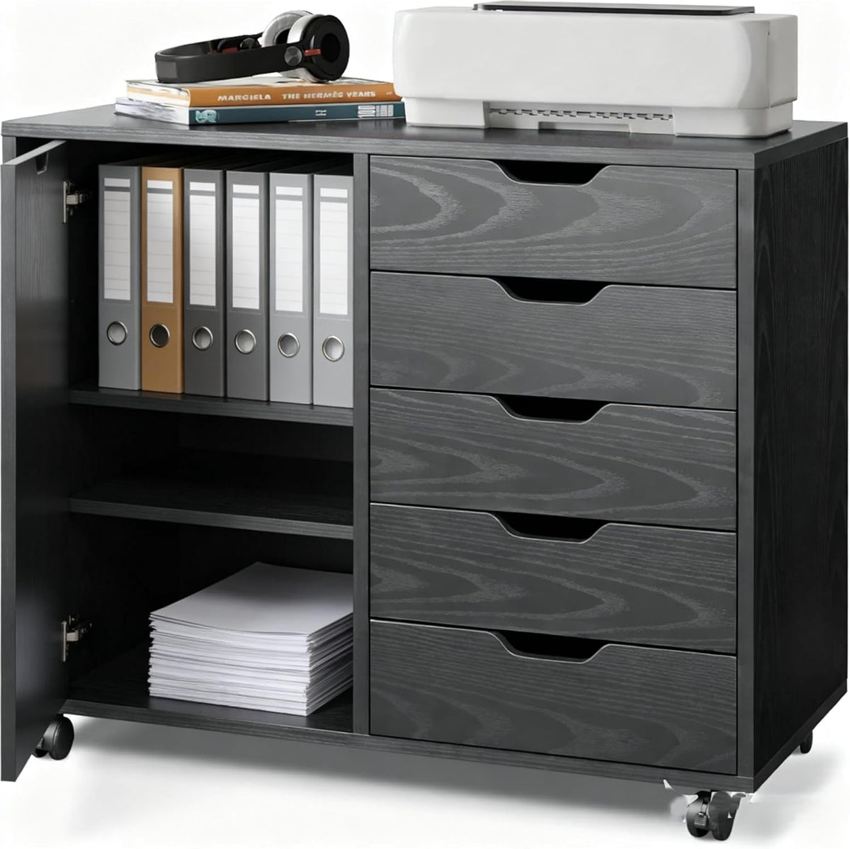5-Drawer Wood Drawer Cabinet, Office Storage Cabinet with Adjustable Shelf & Wheels, Printer Stand for Home Office, Black, 15.7" D x 30.7" W x 25.4" H - Field & Nook
