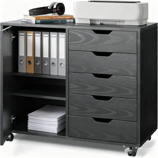5-Drawer Wood Drawer Cabinet, Office Storage Cabinet with Adjustable Shelf & Wheels, Printer Stand for Home Office, Black, 15.7" D x 30.7" W x 25.4" H - Field & Nook