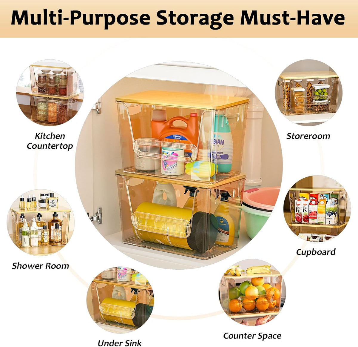 Delamu 2 Set Pantry Organizers and Storage,Trash Bag Dispenser with Bamboo Top,Stackable Trash Bag Dispenser Under Sink Organizer for 4-30 GalBags,Onion,Potato,Fruits,Amber(11-7/32"L*7" W*7-1/8"H) - Field & Nook