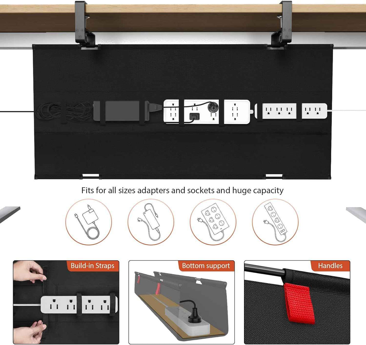 36-Inch Under-Desk Cable Tray – No-Drill Clamp-On Fabric Cord Organizer, Black