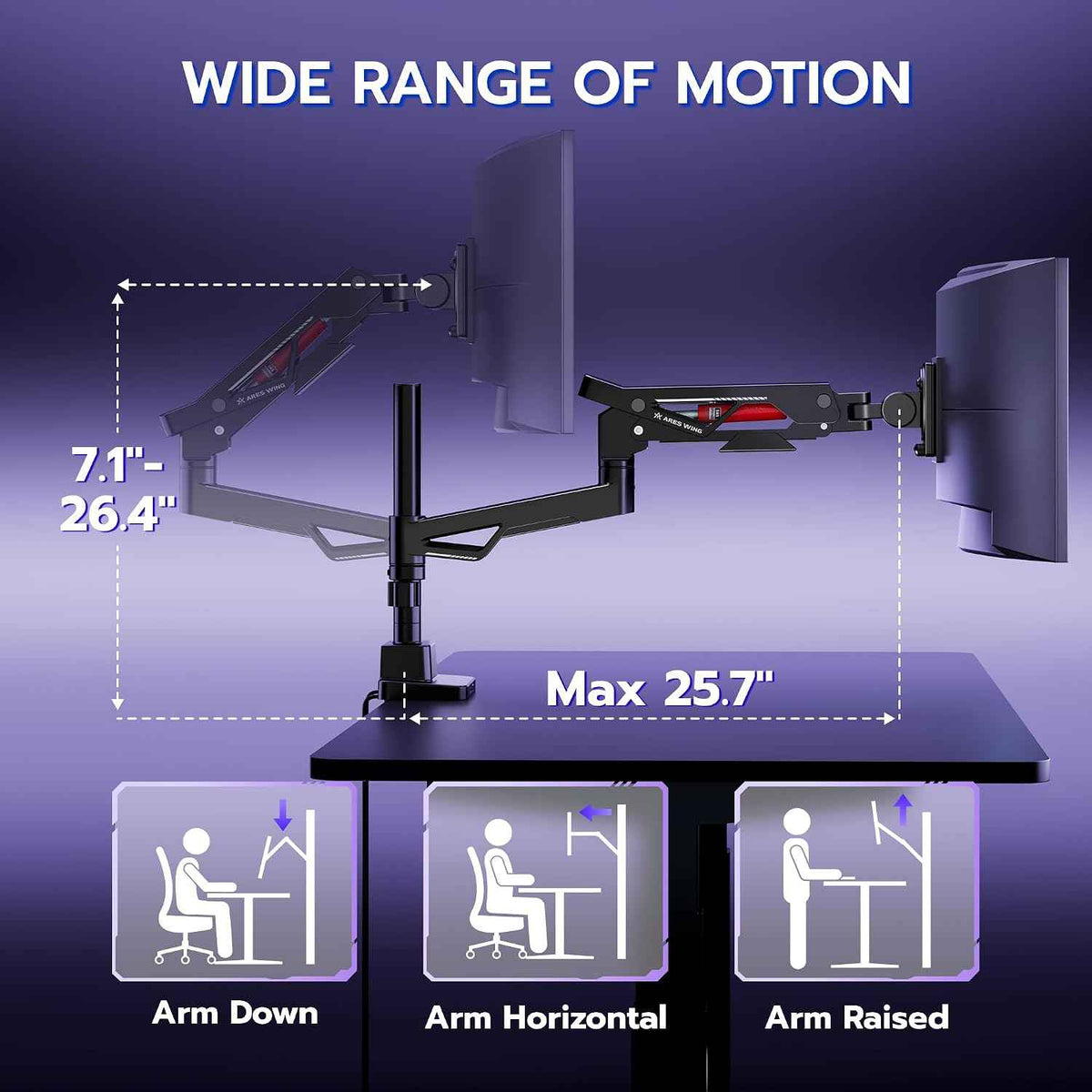 ARES WING Heavy-Duty Gas Spring Ultrawide Monitor Arm 57"66Lbs USB VESA | Height Adjustable & Extendable, Built-in USB Port, Multi VESA Compatible, Clamp & Grommet Base, For Large Ultrawide Monitor