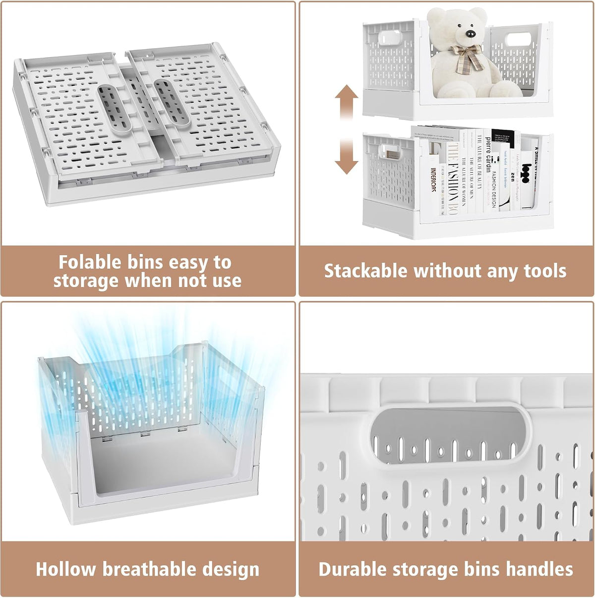 Stackable Storage Bins, Folding Collapsible Closet Organizers and Storage Bins Box, Plastic Shelves Drawer Organizer Container for Closet Office Bedroom Kitchen Bathroom with Wheels, White, 3 Pack - Field & Nook