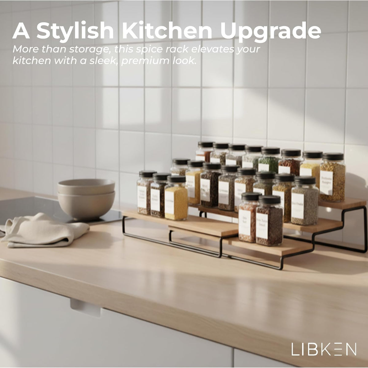 Tiered Spice Rack Organizer – Wood & Metal Countertop & Cabinet Spice Stand, Strong & Sturdy 3-Tier Shelf for Kitchen, Pantry, Seasoning Bottles – Minimal Scandinavian Design - Wood Brown - Field & Nook