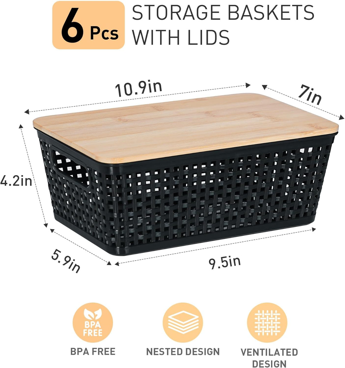 Storage Bins with Lids 6 Packs, Plastic Storage Bins with Bamboo Lids for Pantry Organization and Storage Containers for Shelves Drawers Desktop Closet Office Home, Black - Field & Nook