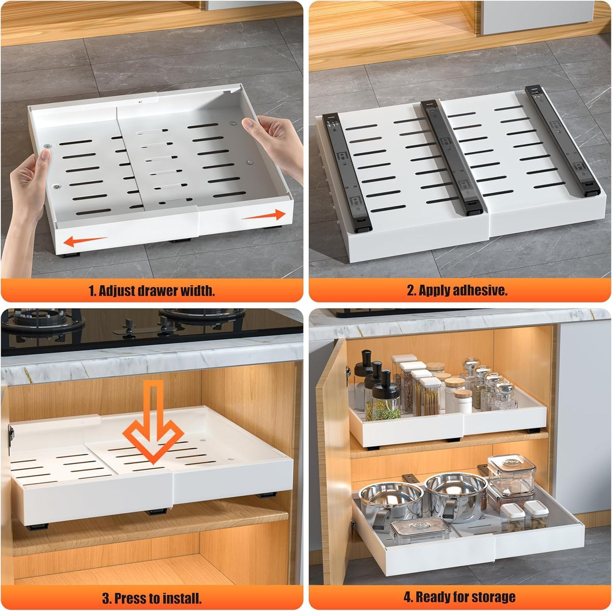 4 Pack Expandable Pull Out Cabinet Organizer | fixed by nano adhesive film,heavy duty sliding drawer,suitable for kitchen,pantry cabinet storage - Field & Nook