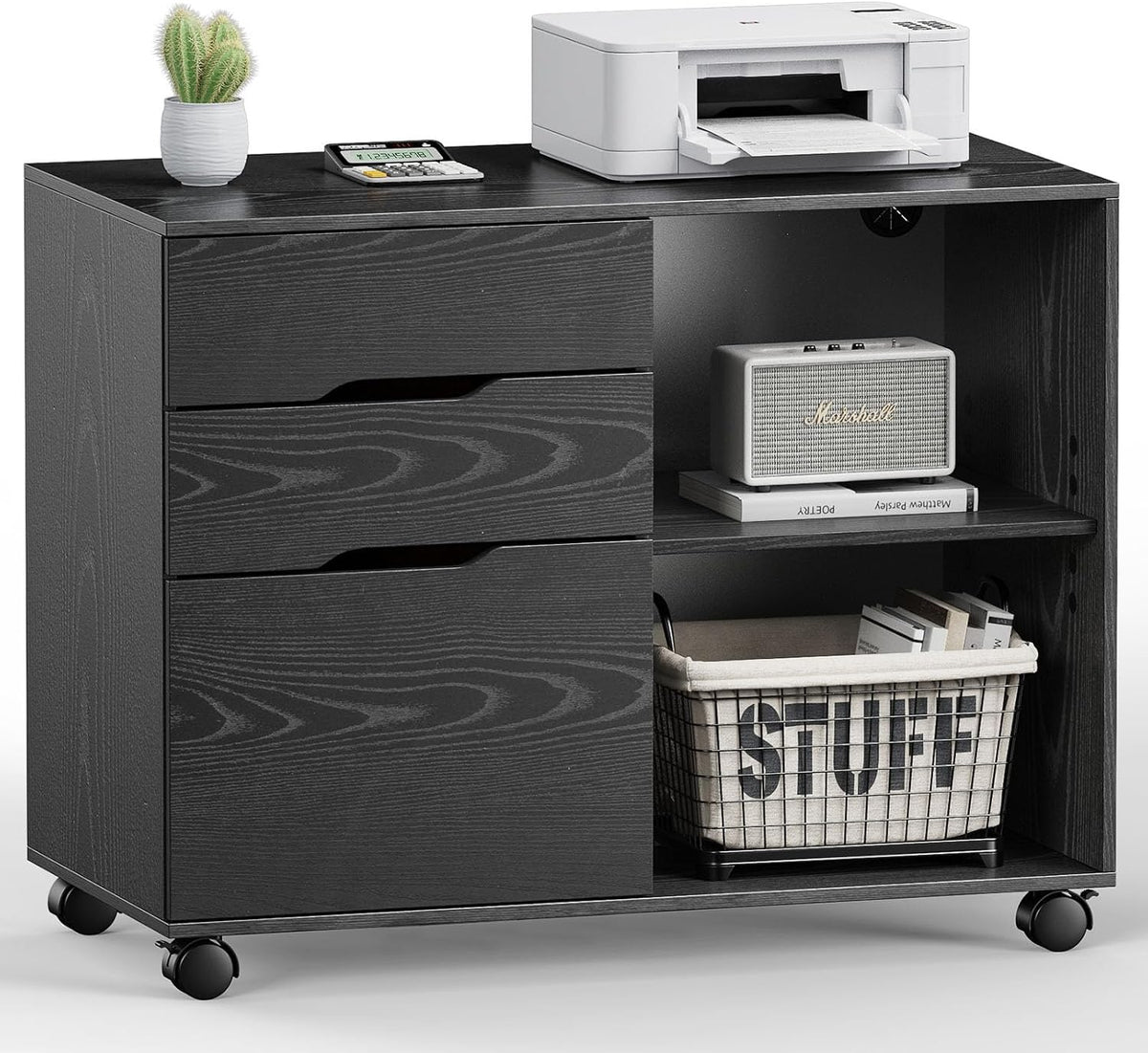 DUMOS File Cabinet with 3 Drawers, Wood Under Desk Storage Printer Stand | Rolling Lateral Filing Cabinet with Adjustable Shelves for Home Office Study Organization,Black - Field & Nook